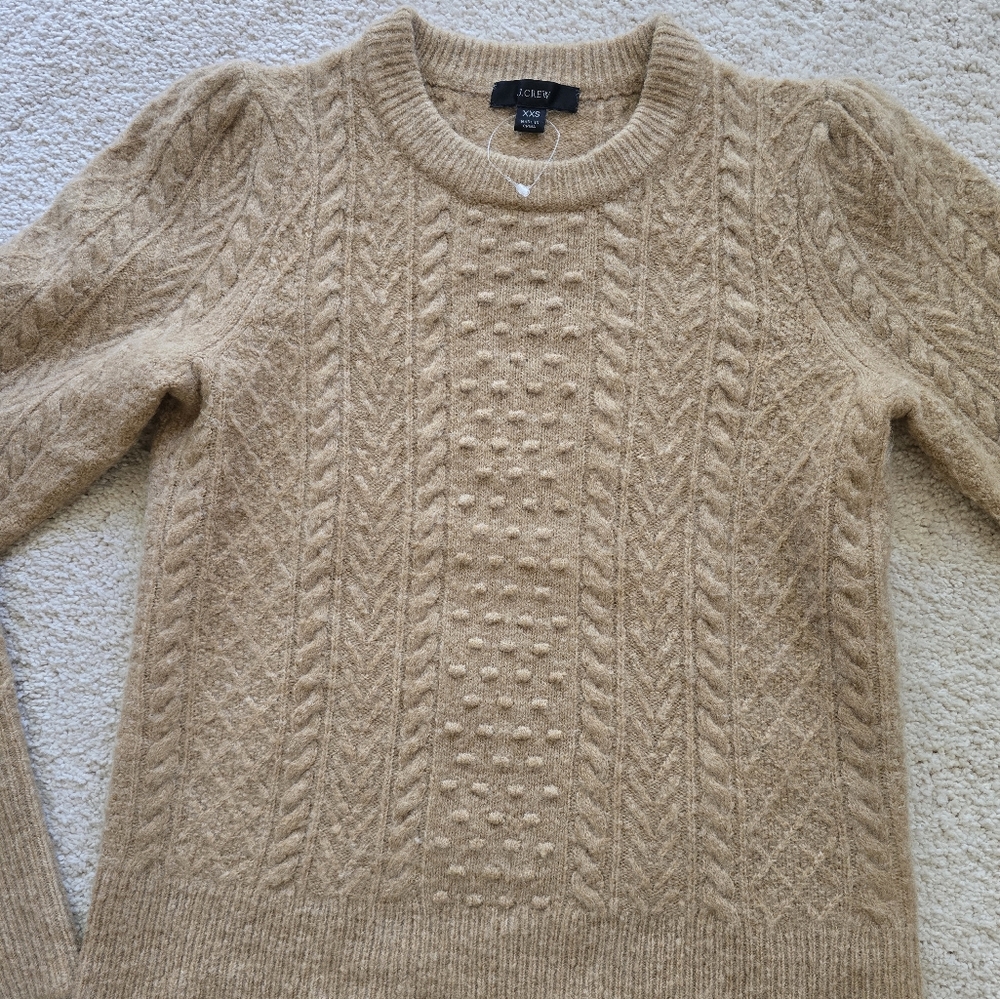 J CREW  Camel Wool Blend Textured Argyle Knit Crewneck Sweater XXS
